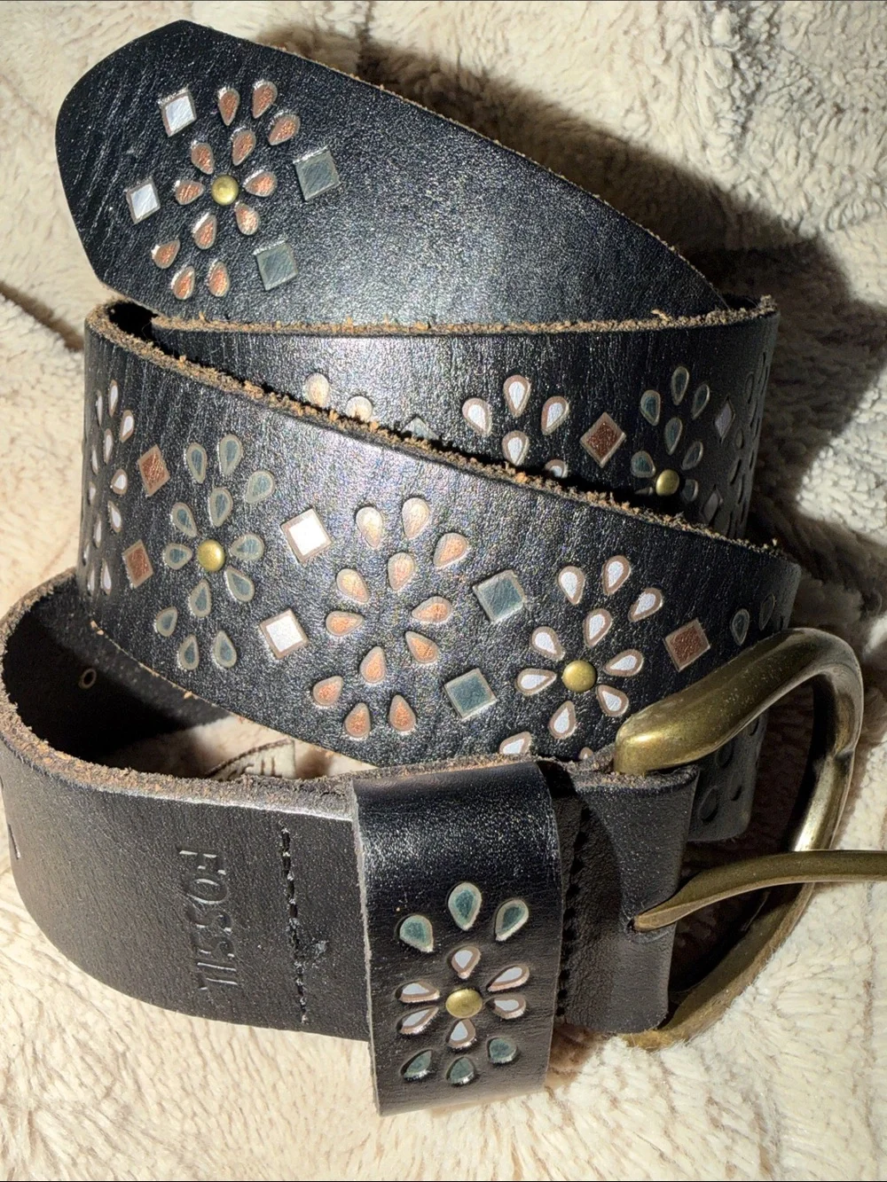 Fossil Black Leather Floral Laser Cut Out Studded Boho Wide Belt Size Medium M